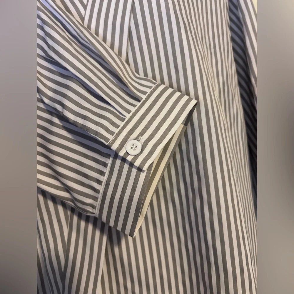 New Lomon collared blouse 3/4 sleeve grey white stripe M - Picture 5 of 8